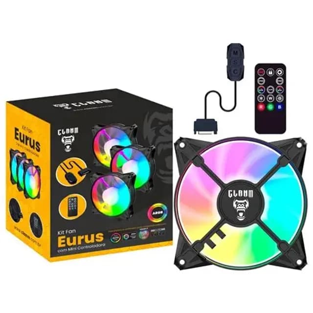 COOLER FAN KIT C/ 3 ARGB 3 PIN+ CONTROLADORA C/ CONTROLE REMOTO - EURUS - CLANM