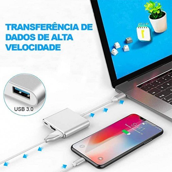 Adaptador Tipo C Multiporta Com USB HDMI e USB-C Adaptador Tipo C Multiporta Com USB HDMI e USB-C