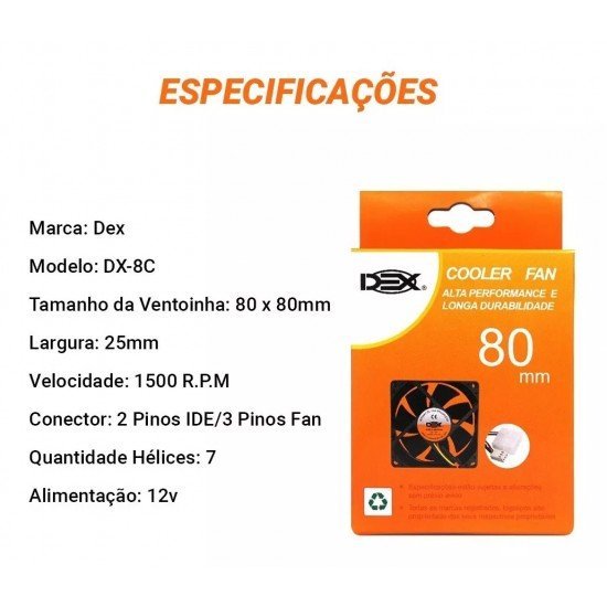 Cooler Fan Dex DX-8C, Preto, 80mm, Gabinete Ventoinha Cooler Fan Dex DX-8C, Preto, 80mm, Gabinete Ventoinha