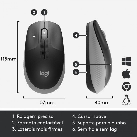 MOUSE S/ FIO LOGITECH M190 RC NANO PRETO